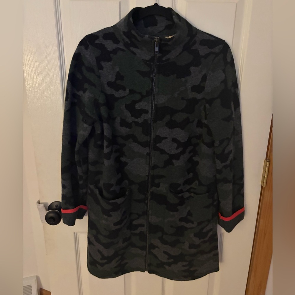 From Anthropologie- Camouflage Zip-Up Jacket with Red Accents
